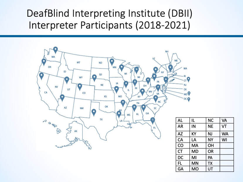 Graphic of a map with location pins on states where DBI participants are from.  The list includes individuals trained from: AL, AR, AZ, CA, CO, CT, DC, FL, GA, IL, IN, KY, LA, MA, MD, MI, MN, MO, NC, NE, NJ, NY, OH, OR, PA, TX, UT, VA, VT, WA, WI