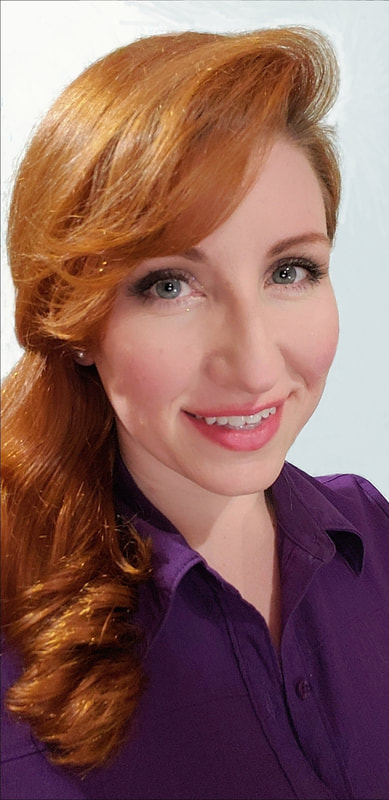 Samantha Ferrell, a white female with blue eyes, wears a dark purple, collared dress shirt. Her red hair is parted on the far-right and pulled into a barrel-curl ponytail resting on the left shoulder. She wears a white pearl earring and smiles for the photo.