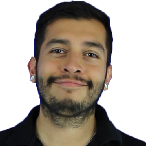 A headshot of Topher, a Mexican-American man smiling. From his head to his neck is visible in the picture with a solid white background. He is wearing a black polo shirt.